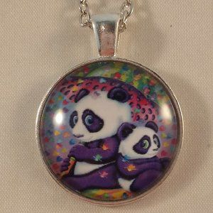 Silver Lisa Frank Pandas Cabochon Pendant Chain Necklace 20" Party Gift